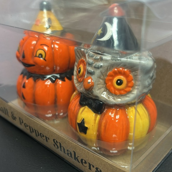 NWT JOHANNA PARKER Halloween owl & pumpkin salt & pepper shakers - Picture 2 of 6